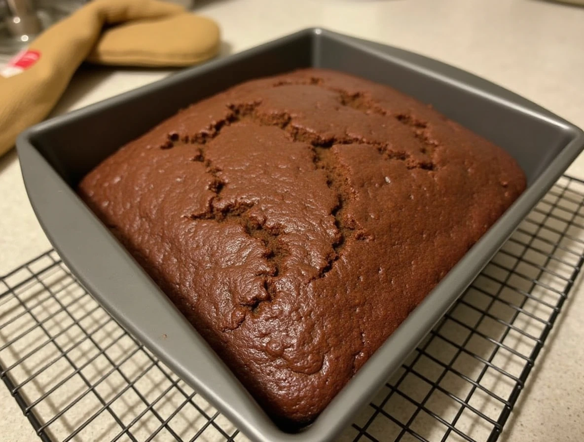 Freshly baked Wacky Cake cooling on a wire rack.