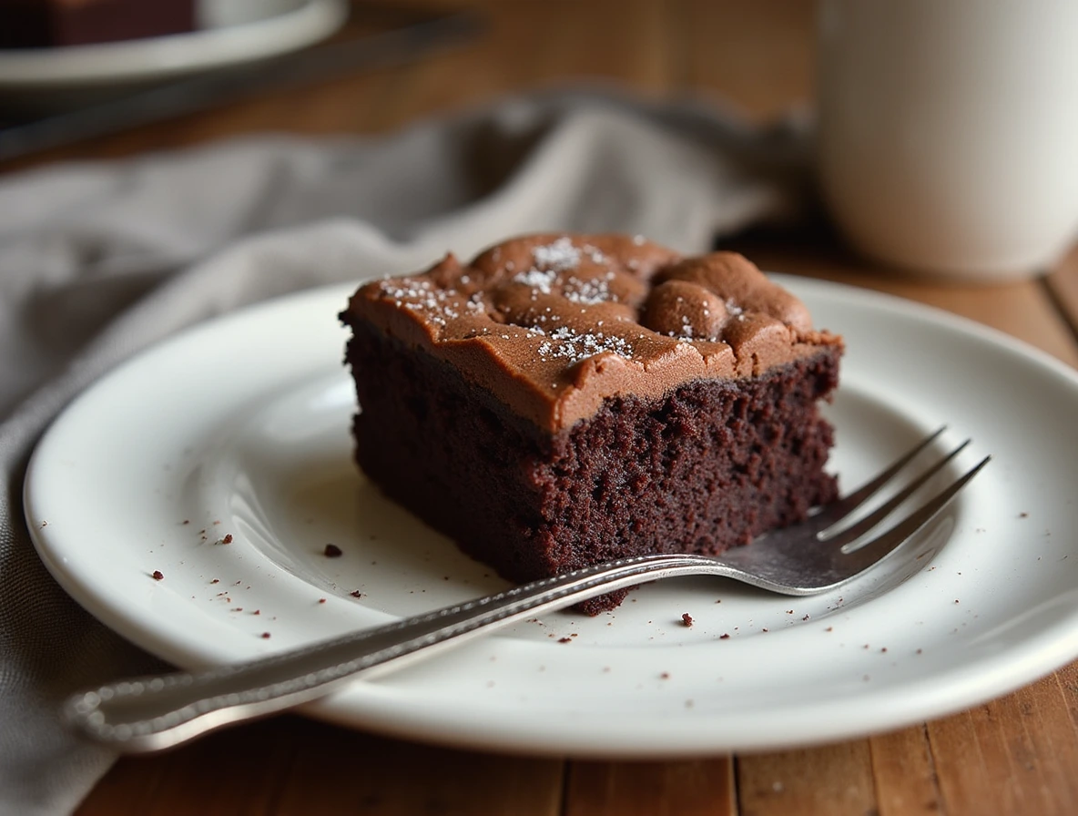 A slice of moist chocolate Wacky Cake on a white plate.