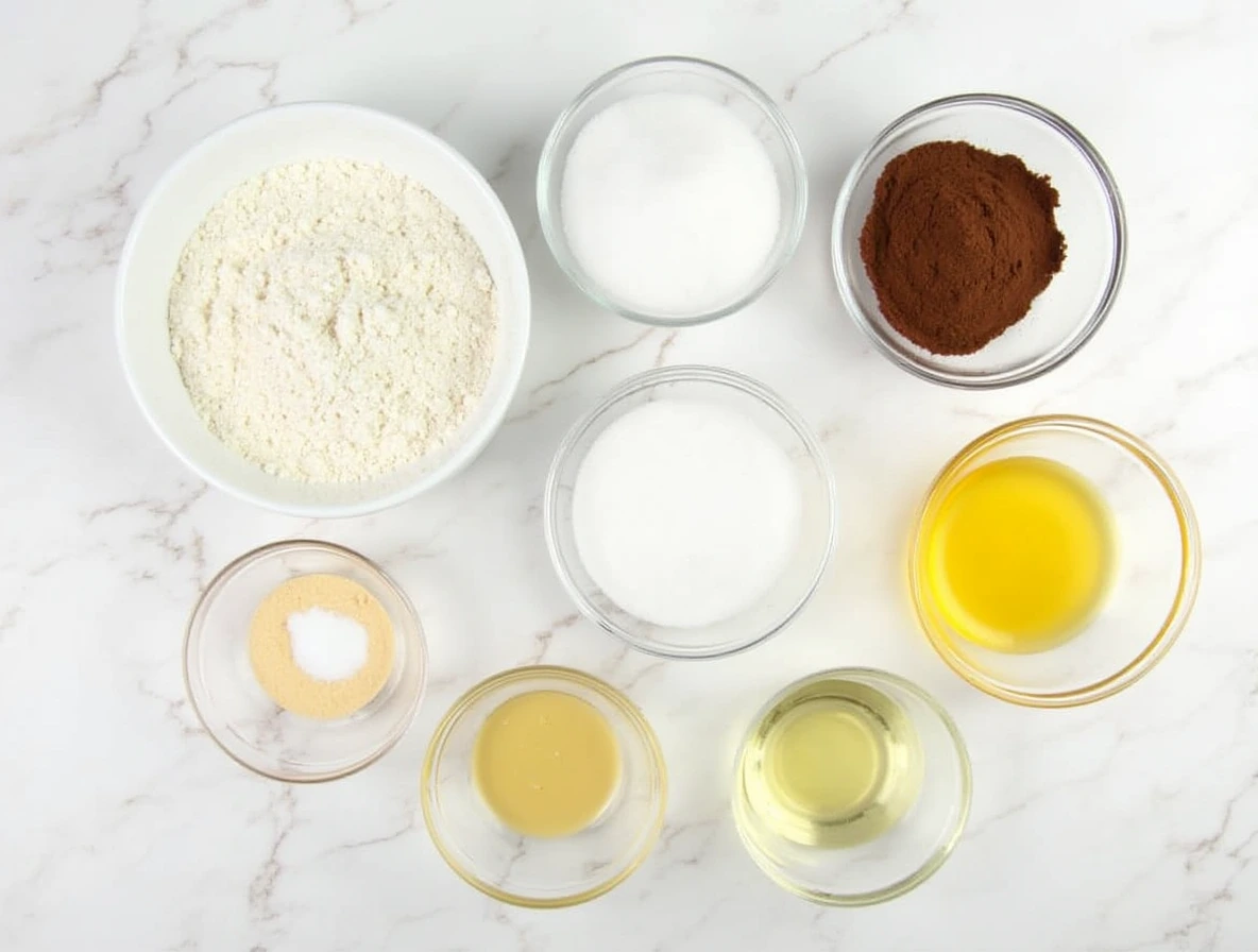 Measured ingredients for Wacky Cake laid out on a kitchen counter.