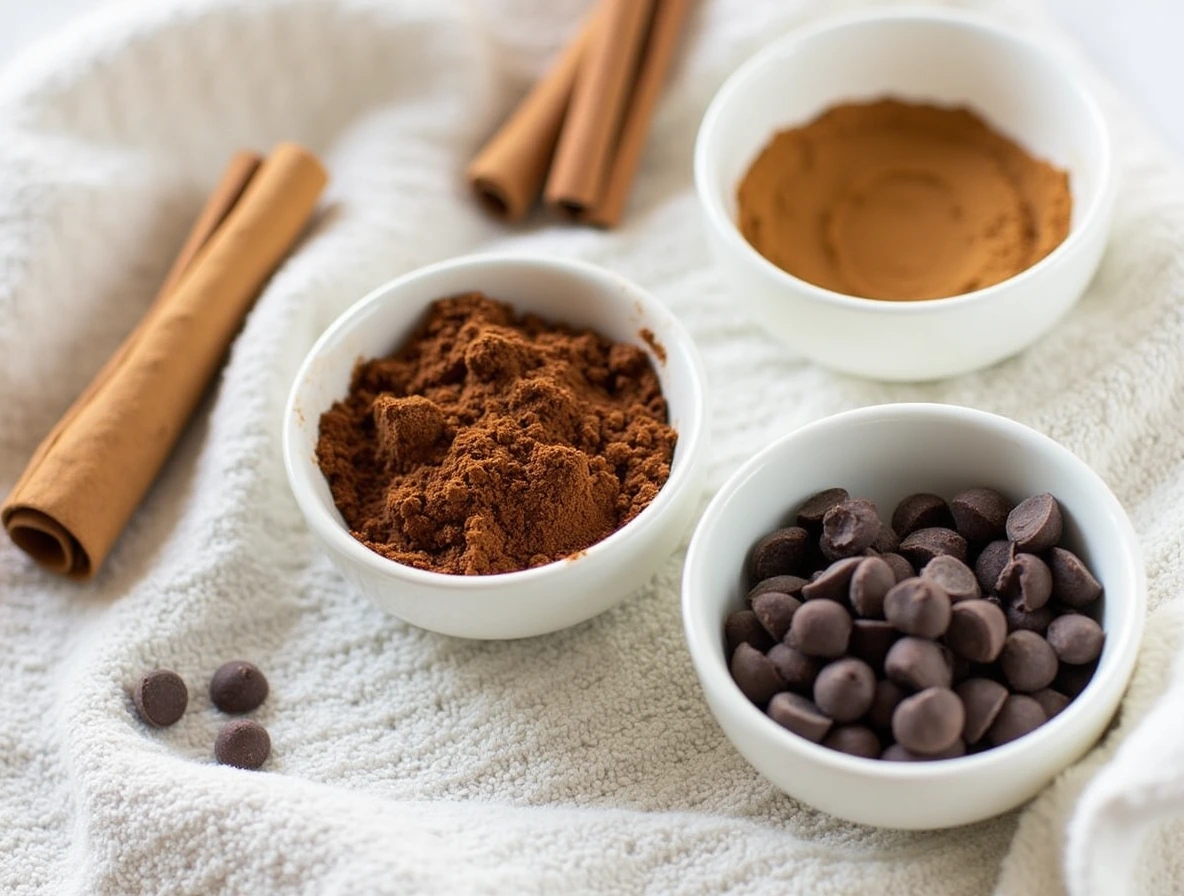 Small bowls of cinnamon, espresso powder, and chocolate chips.