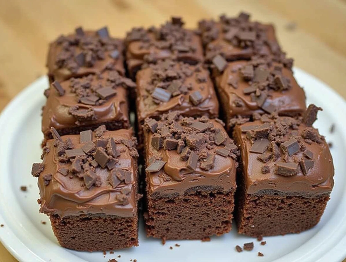 Wacky Cake topped with smooth vegan chocolate frosting.