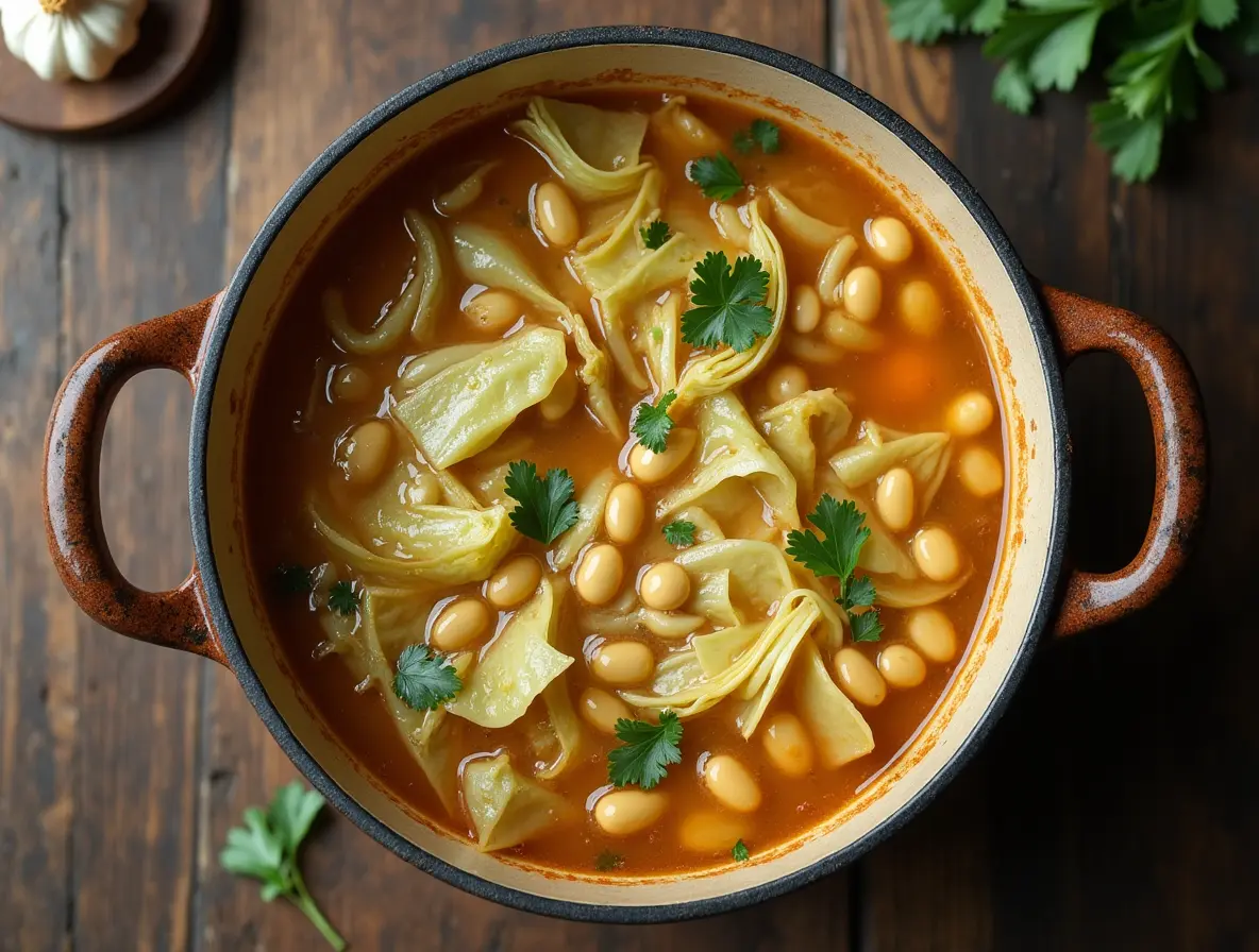 Hand squeezing fresh lemon juice over a bowl of garlicky cabbage soup with grated Parmesan.