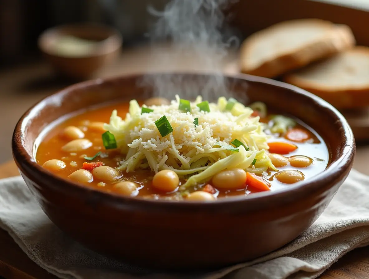 Steaming bowl of garlicky cabbage soup with cannellini beans, shredded cabbage, Parmesan, and a side of whole-grain bread.