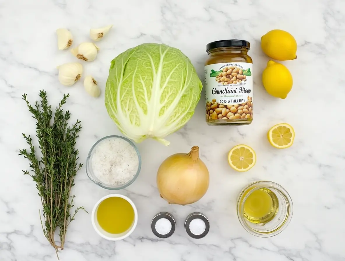 Fresh ingredients for garlicky cabbage soup including cabbage, garlic, onions, cannellini beans, vegetable broth, thyme, and lemon.