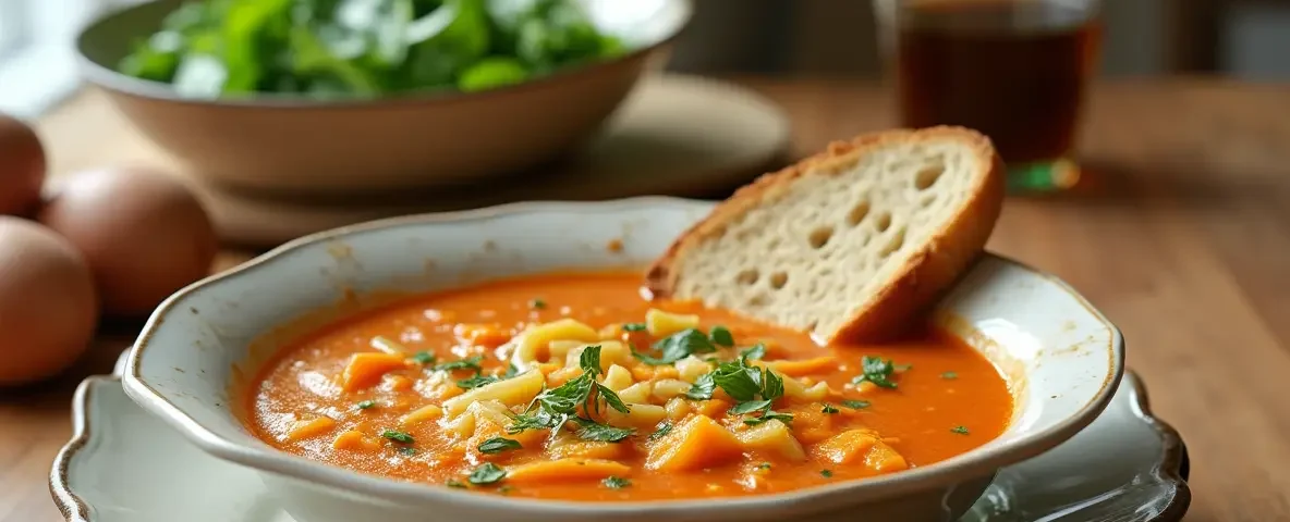 Bowl of cabbage soup served with toasted whole-grain bread and a side salad.