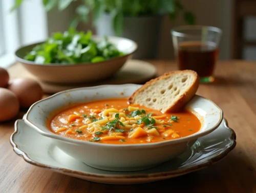Bowl of cabbage soup served with toasted whole-grain bread and a side salad.