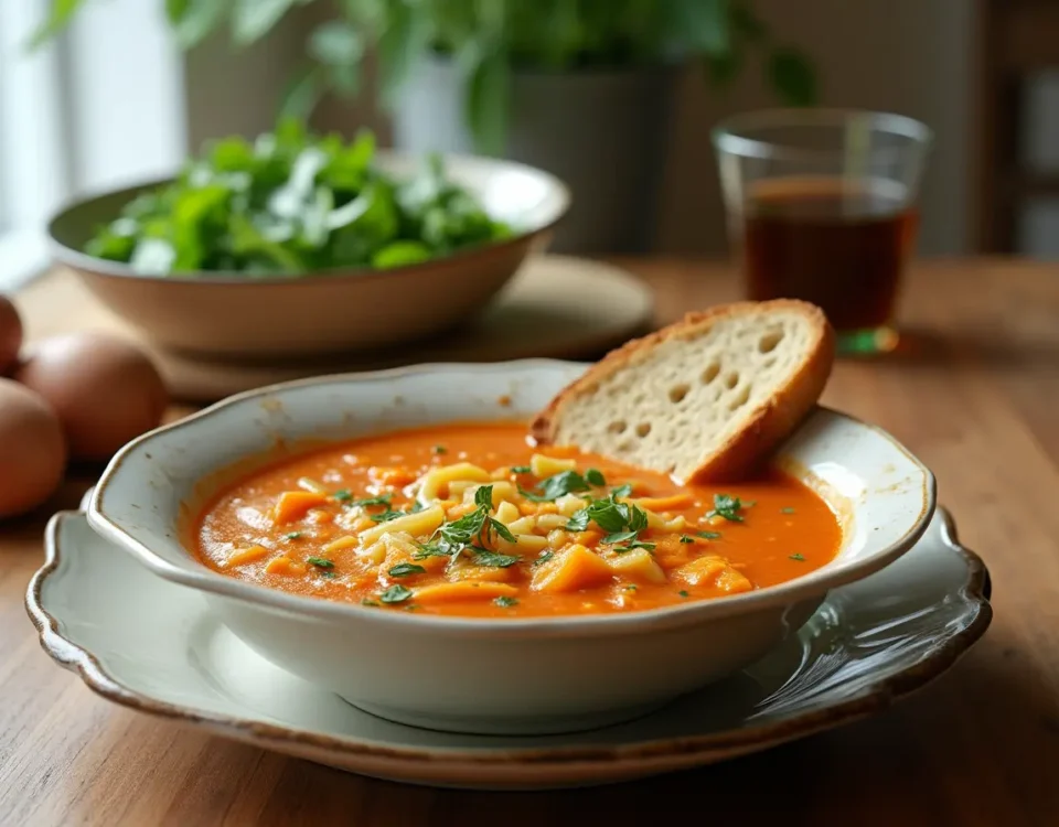 Bowl of cabbage soup served with toasted whole-grain bread and a side salad.